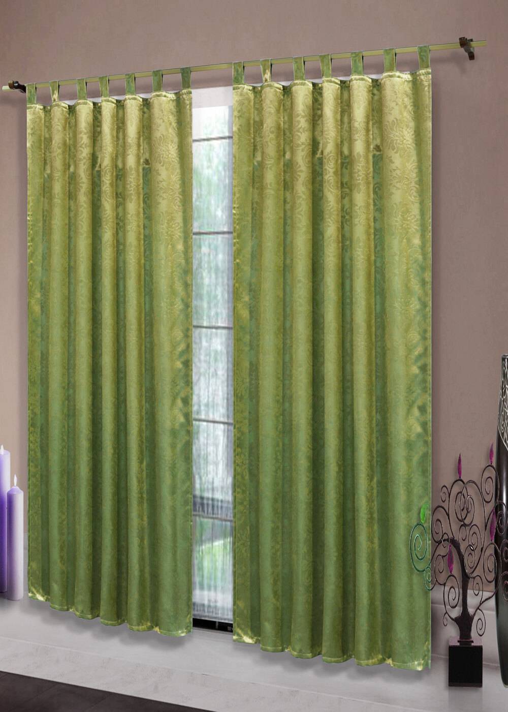Плътна завеса  от промазан  сатен  с флорални релефни елементи за корниз или релса 245 x 135см. цвят зелен, код-20380