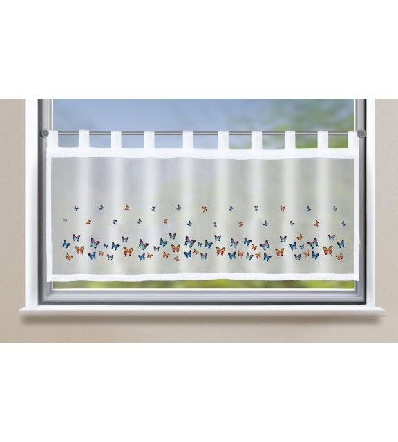 Прозрачно късо перде »Bodrum« 45х140 см. от воал с ленти-уши за кухненски прозорец на пъстри пеперуди код-2022410-008