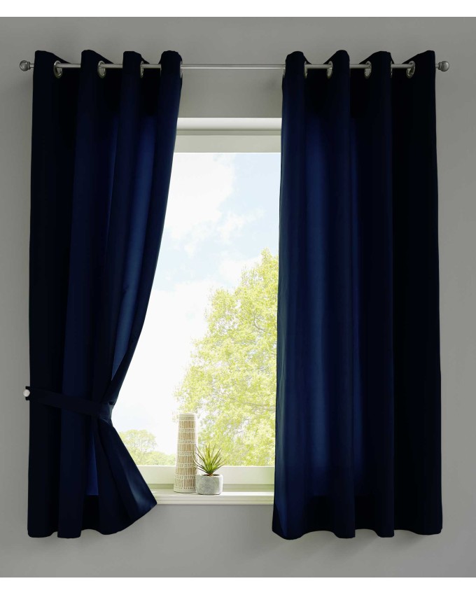 Завеси с халки-капси «Берлин» комплект от 2 броя с коланчета, от микросатен, полупрозрачни, матови за Тръбен Корниз, Цвят Тъмно Син код-20405N2-012