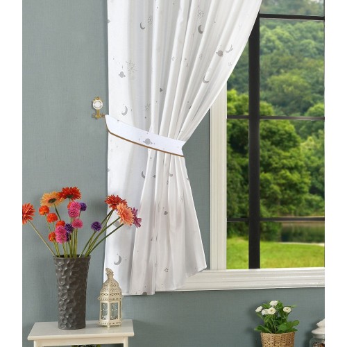 Светеща през нощта детска завеса с коланчета „Звездно небе“ – Бяла тафта с флуоресцентни мотиви, за Релса и Корниз 175х145 см код-20495 59093149